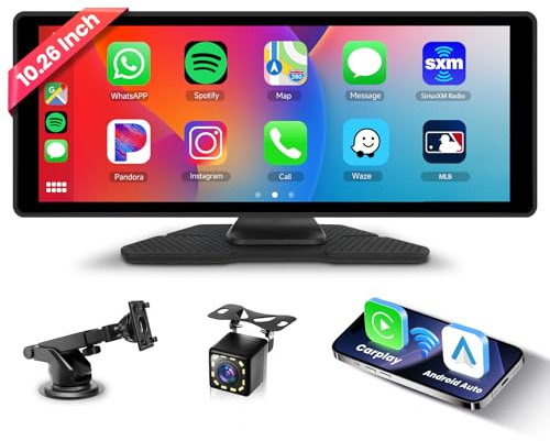 Drahtlos CarPlay und Android Auto, Hodozzy 10,26 Zoll Tragbares Autoradio Bluetooth mit IPS Touchscreen, Carplay Bildschirm mit Mirror Link/Sprachsteuerung/AUX/USB+Rückfahrkamera