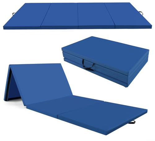 COSTWAY Colchoneta de Gimnasia Plegable de 300 X 117 X 5 cm, Esterilla de Gimnasia lmpermeable de 4 Paneles de PU con Cierres de Gancho y Asas de Transporte para Gimnasio y Casa (Azul oscuro)