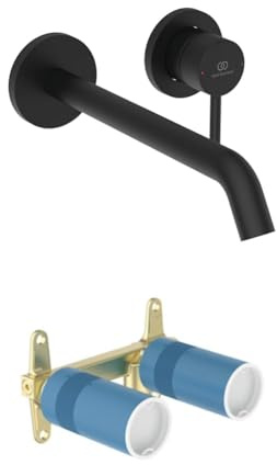 Set aus Ideal Standard BD848XG Ceraline Nuovo Wand-Waschtischarmatur Wandmontage, Bad-Wandarmatur mit Auslauf, Mischbatterie Wasserhahn, Wassersparend, Schwarz + A1313NU Unterputz-Bausatz 1