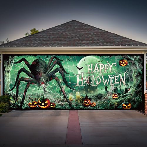 WovWeave Bannière d'Halloween pour porte de garage - 2 x 5 m - Décorations d'Halloween - Toile de fond effrayante à suspendre pour fête (araignée)