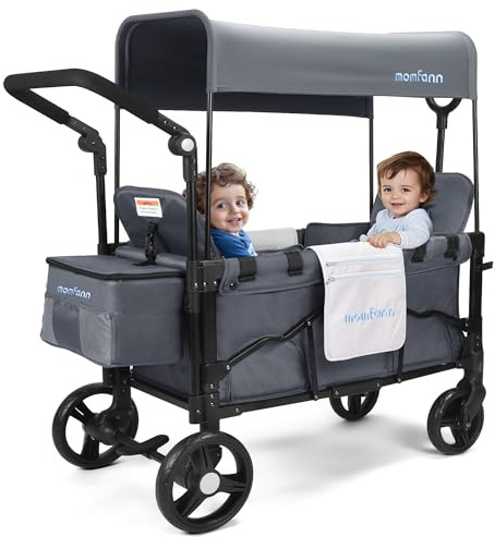MOMFANN - Dubbel barnvagn, barnvagn med justerbart handtag för småbarn, inklusive markis och organisatör, hopfällbar bekväm för förvaring, grå