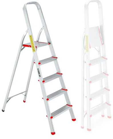 Escabeau à 5 marches BM TOOLS BMT-ESC5-ALU - Haut. de Travail : 99 cm - Prend Peu de Place et se Range Facilement - en Aluminium