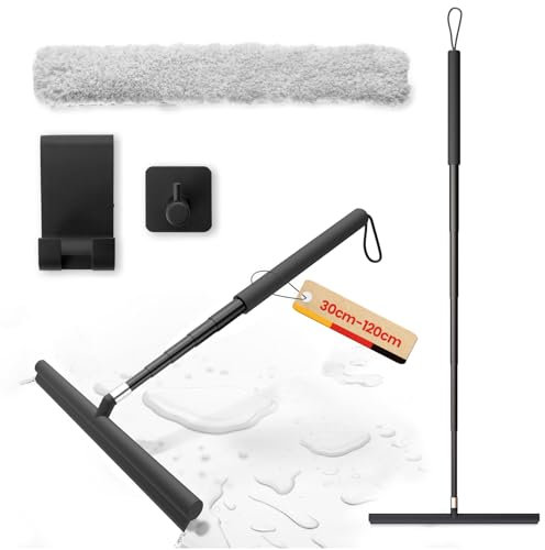 Mannicix Shower Squeegee Long Handle, Bathroom Squeegee For Shower, Squeegee Mop With Durable Rubber Blade, 120Cm Window Squeegee Glass Cleaning Kit For Floor, Kitchen, Mirror (Black)