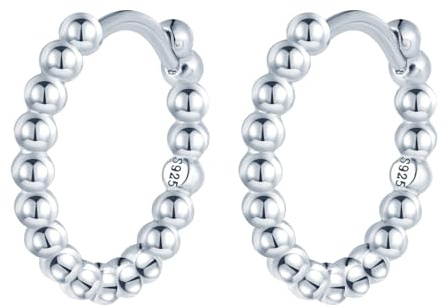 Klein Kugel Perlen Ohrringe Silber 925 Creolen: 12mm Damen Mädchen Ohrringe - Hypoallergen Knorpel Piercing Huggie Ohrring für Mama Freundin Schwester Frau Tochter - Mode Ohrschmuck für Partei Silber