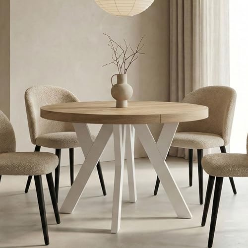 Dekori Möbel Runder Ausziehbarer Tisch für Esszimmer mit Holzbeinen, Pero, Loft-Stil, Skandinavische, Durchmesser Varianten: von 90 bis 220 cm (Eiche Sonoma/Weiß, 90/140 cm)