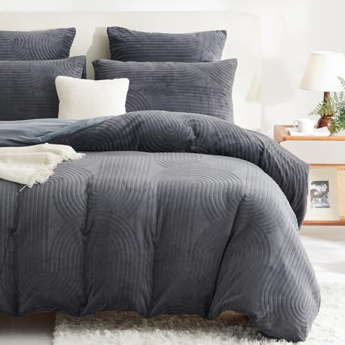 Sedefen Housse de Couette Peluche 140x200cm Gris Foncé Flanelle Polaire Sherpa Parure de Lit 1 Personnes Hiver Chaude Réversible Shaggy Linge de Lit avec Fermeture Éclair et 1 Taie d'oreiller 65x65cm