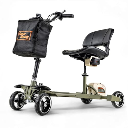 SuperHandy 4 Wheel Mobility Scooter – Lightweight, Electric, Foldable Compact Design, 48V Li-Ion Battery, Indoor & Outdoor Use, Adjustable Comfort (Green & Sand, Passport Pro)