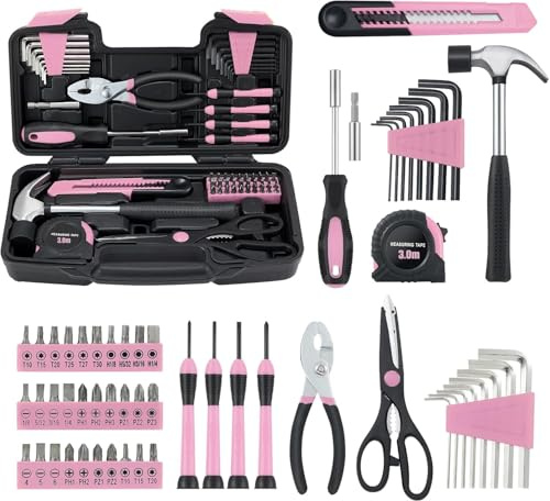 MARTCOLOR 58 Piece Household Tool Set, General Household Hand Tool Kit with Plastic Toolbox Storage Case, All Purpose Household Tool Kit for Women, Girls and Ladies, Pink