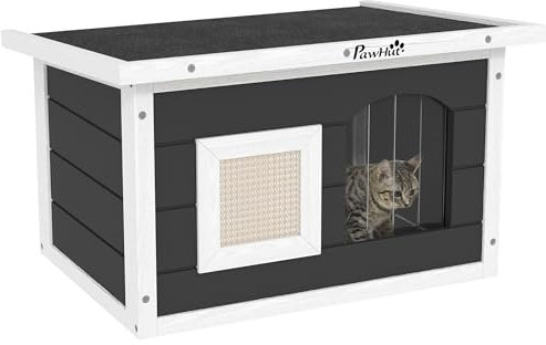 PawHut Katzenhaus aus Holz wasserdicht Katzenhütte mit klappbar Asphaltdach Kratzmatte herausnehmbar Boden Katzenhöhle Katzenkiste Katzenbox Outdoor Schutzhütte für Draußen Garten 61x45x36,5 cm, Grau