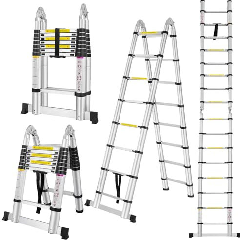 arvioo 5M(2.5+2.5) Alu Teleskopleiter, Teleskop Klappleiter mit beweglichem Rad, bis 150kg Belastbar Ausziehbare Leiter, Rutschfester Aluminium Stehleiter, Mehrzweckleiter für Außen, Silber