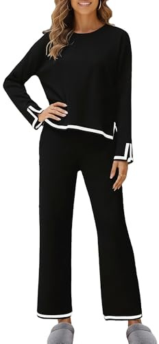 MessBebe Damen Zweiteiler Outfits Jogginganzug Trainingsanzug Tracksuit langärmelig Strickpullover Tops weites Bein Hose Lounge-Sets Trainingsanzüge