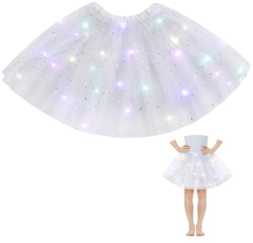 AYBUY Girls Tutu Skirts with LED Light, Kids Tulle Tutu Skirt with Lining, Thickened Ballet Dance Parties Fancy Elastic Festival Dress for Halloween, Christmas, Carnival Party Costume (White)
