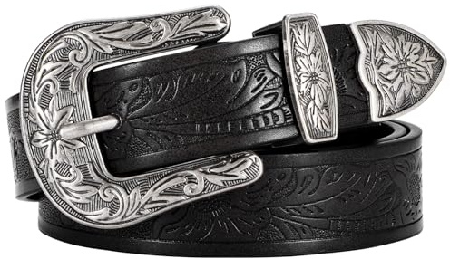 VONMELLI Western Gürtel Damen, Damen Cowgirl Ledergürtel für Hosen Jeans Taillengürtel mit Vintage Floral Carved Design Plus Größe S-XXXL