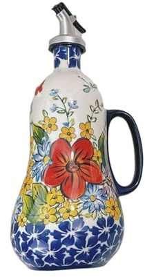 Ainiupi Keramik-Olivenölspenderflasche, 680 ml, handbemalte Olivenölflaschen für Küche, dekorative Steinzeug-Olivenöl-Menage mit Edelstahlauslauf für Öle, Essig, Kaffeesirup, Saucen
