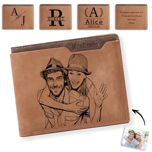 JONZIN Personalisierte Geschenke Männer Geldbörse Herren Personalisiert mit Individuell Graviertem Bild und Initialennamen Geschenke für Freund, Ehemann, Valentinstag, Weihnachten