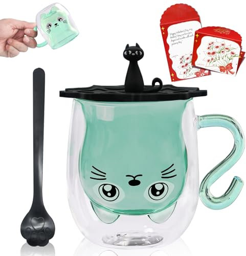 Afitdon Graziosa tazza per gatti a doppia parete, 280 ml motivo gatto carino tazze con biglietto di benedizione, cucchiaio e coperchio per bicchiere, regalo per gli amanti dei gatti