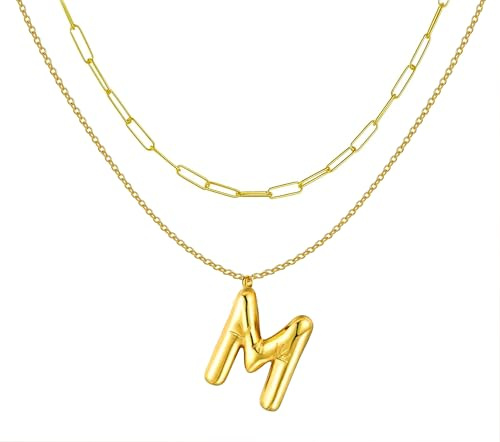 Only faith Collar letras Iniciales Globo Cadena Eslabones Acero Inoxidable Collar doble capa colgante Letra Burbuja para Mujer Moda de Tendencia (M - Dorado)