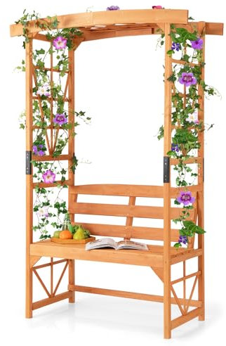 GYMAX Arco da Giardino con Panchina a 2 Posti, Pergola con Traliccio e Pali Laterali per Piante Rampicanti, Arco per Matrimonio, Festa e Decorazione del Giardino (120 x 58 x 189 cm)