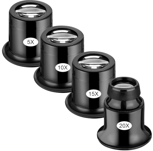 Lot de 4 loupes d'horloger de bijoutier - 5 x / 10 x / 15 x / 20 x - Loupe portable - Verre - Avec boucle en pierre précieuse - Pour pièces de monnaie, diamants, timbres, montres, loisirs