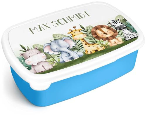 GRAVURZEILE Bedruckte Lunchbox - Tiergruppe Safari - Personalisiert mit Namen - Brotdose für Kinder - Individuell bedruckt - Platzsparend stapelbar - Perfekt für Schule & Kita - Farbe: Blau
