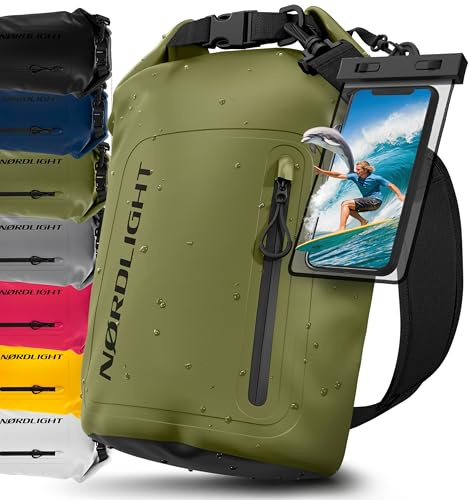 Nordlight Dry Bag Vattentät Väska med Mobilfodra+ Rullstängning, Axelrem | Drybag Vattentät Ryggsäck Packsäck Våtbag Packväska | Simning Strand Stå Upp Paddling Kanotpaddling - Olivgrön, 20 Liter