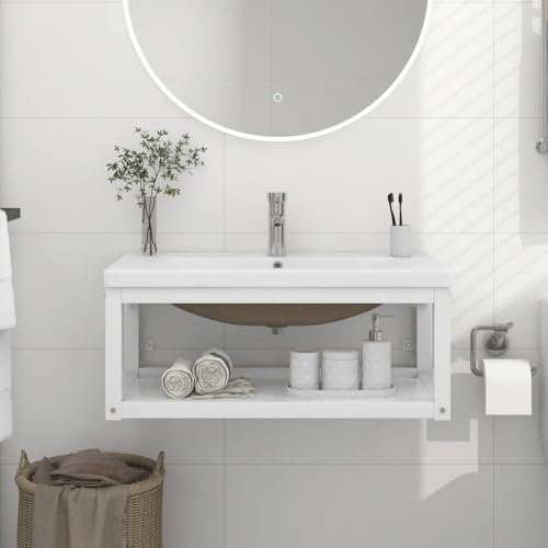 Lauuoeriau Home & Garden,Furniture-Bathroom Washbasin Frame with Built-in Basin White Iron