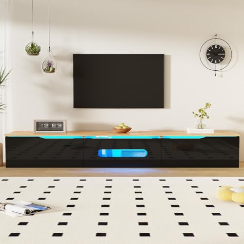PUGSDRLY Meuble TV Bas avec 3 Compartiments de Rangement,Meuble TV Moderne avec lumière LED changeant de Couleur,180x35x30cm (Noir+Marron,Trou Ovale)