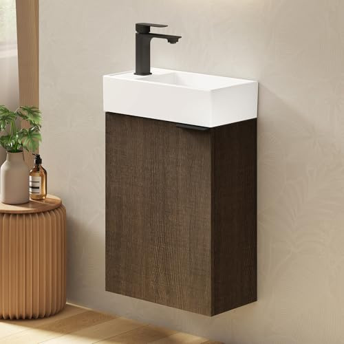EMKE Mobile Bagno con Lavabo – Ripiano Regolabile, Maniglia Curva Regolabile,Ideale per Bagni Piccoli e Camere degli Ospiti, Mobili Bagno con Lavabo,Rovere segato(Rubinetto incluso)