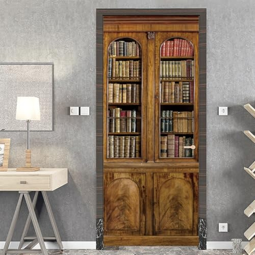Türtapete 3D Türaufkleber Retro Bücherregal Selbstklebend TürPoster DIY Wandbild PVC Türtattoos Fototapete Türfolie 95x215 cm für Wohnzimmer Schlafzimmer Küche Toilette