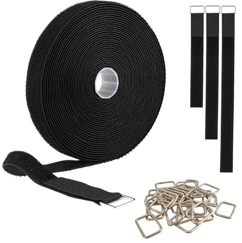 Heavy-Duty Hook & Loop Straps | Durable black nylon, 2cm×10m cut-to-length roll with metal buckles, reusable adjustable, bundling, DIY organizing.