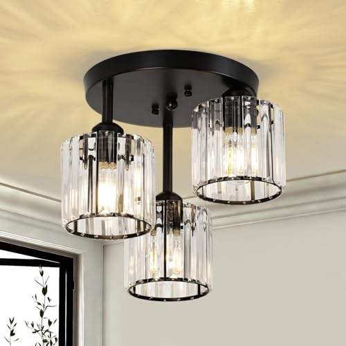 CALOKES Modern Crystal Semi Flush Ceiling Light Fixture, 3-Light Glass Chandelier Lighting for Bedroom, Living Room, Kitchen, Dining, Hallway – Black Mount, E27 Base, Bulbs Not Included