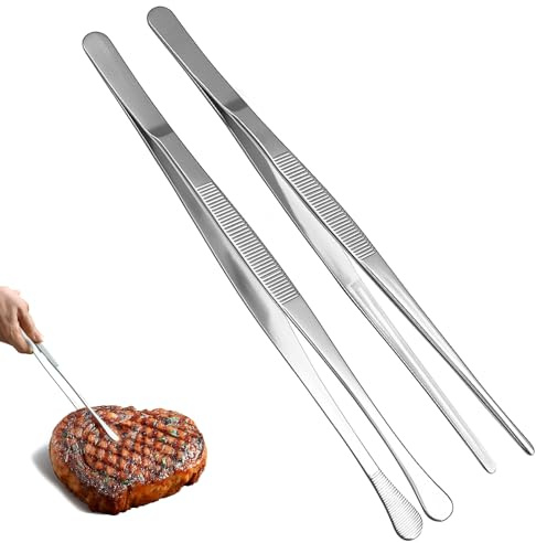 2 Pcs Tweezer Tongs, Chef Tweezers(30CM/11.8in),Kitchen Tweezers for Cooking with Serrated Tips, Fine Tweezer Tongs, Extra-Long Stainless Steel, BBQ Tools, Dishwasher Safe and Heat Resistant