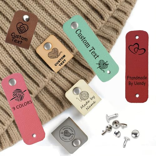 12 personalisierte Lederetiketten mit Nieten für Handarbeiten (A2.5 * 0.8) | Handmade Labels aus Kunstleder Handmade with Love für Häkel- und Strickprojekte personalisierbar mit Namen Text oder Symbolen