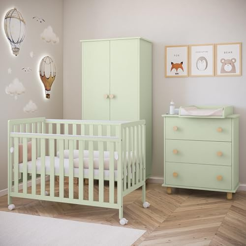 ZEE - Babybett Kinderbett, 2w1 Bett Bambi - Mechanismus zum Absenken der Seite, mit Rollen, Schutzbeißringe, 3-stufige Höhenverstellung des Rahmens - 120x60 - Mint