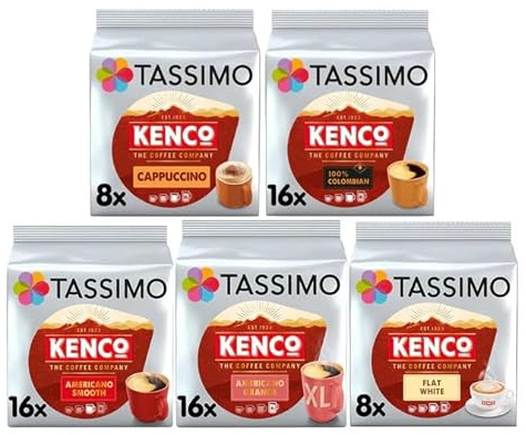 Tassimo Kenco Variety Pack Coffee Pods (Pack of 5, Total 64 Capsules) – Cappuccino, Americano Grande, Colombian, Americano Smooth & Flat White