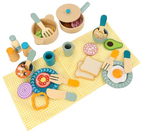 SUNGOOYUE Ensemble de Nourriture de Jeu en Bois, 12 Pièces d'ustensiles de Cuisine en Bois de Cerisier, Ensemble de Jeu de Rôle éducatif pour Les Tout-Petits âgés de 3 à 6 Ans, Stimule Le