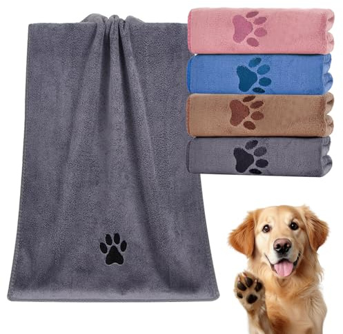 PokeAir 4 Pack Small Dog Blanket, Paw Embroidery Pattern, Microfiber Grooming Towel Pet Bath Dryings, Soft Dog Absorbent Towel for Small Medium Cats and Dogs（35x75cm）