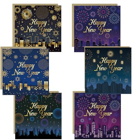 RED OCEAN Pack 6x Happy New Year Cards Multipack New Years Eve Cards With Kraft Envelopes Greetings Card For Friends Family Neighbours Kids