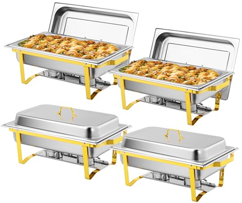 Bonnlo Chafing Dish Buffet Set, 4 Pack 9L Stainless Steel Warming Containers, Food Warmer Buffet Server for Dinner, Parties, Camping - Silver and Gold
