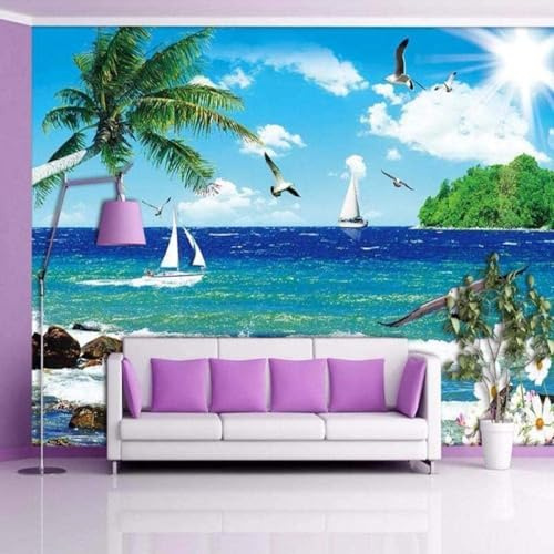 Ocean Sailboats Coconut Trees Flying Birds Flowers 3D Wallpaper Luxury Home Dining Decor Paste Sofa Living Room The Wall for Bedroom Mural-200cm×140cm