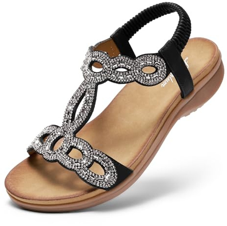 Littleplum sandaler damer platta sandaler glitter strass sommarskor strandskor, svart, 38 EU