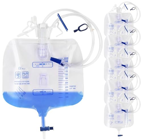 6 Stück Urindrainagesystem, 2000ml Urinbeutel mit Anti-Reflux-Ventil und T-Ablass, Steriler Katheterbeutel mit 120cm Schlauch, Urindrainagebeutel für Krankenhaus & Pflege