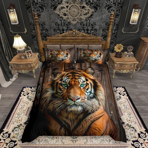 Homemissing3D Tiger Bettwäsche Set 135x200cm Kinder Netter Tier Bettbezug mit Reißverschluss Wildes Tierpelz Safari Katze Drucken mit 1 Kissenbezug für Jungen Mädchen Bettwäsche-Set