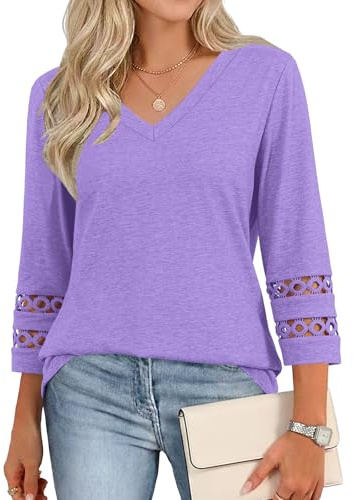 Cuptacc Tee Shirt Femme Manches 3/4 Col V Chemisier Décontracté Haut | Automne,Été,Printemps,Élégante,Manches 3/4,Basic,Casual,Mode,Classique,Dentelle,Couleur Unie,Fleurs,Confortable,Quotidien