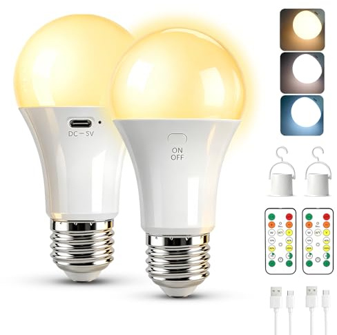 Liuyife 2600mAh Bombilla Recargable con Mando, 7W 3 Color Regulable & Timer, USB E27 Exteriores Luz de Emergencia Acampar Portátil con Gancho, LED Linterna de Camping para Tienda, 2 Piezas