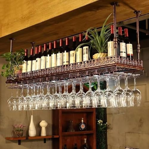 ZHHR Hanging Wine Rack - Hanging Wine Rack with Glass Holder and Shelf, Height Adjustable Industrial Hanging Wine Bottle Holder, Metal Ceiling Glass Rack for Bar Cafe Kitchen (Bronze, 100 X 35 CM)