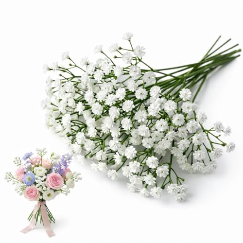 ACKKOR 10 Pcs Weiß Schleierkraut Künstlich, 28 cm Fake Blumen Gypsophila Künstliche Blumen mit Biegsamem Stiel für Vase Schießen Brautstrauß Hochzeit