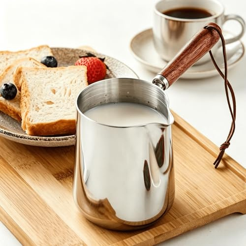 Hapivida Milk Frothing Pitcher, Milk Frother Cup Stainless Steel with Wood Handle for Latte Art Heating Oil Melting Butter Chocolate Coffee Barista Home Kitchen Use (1000ml)