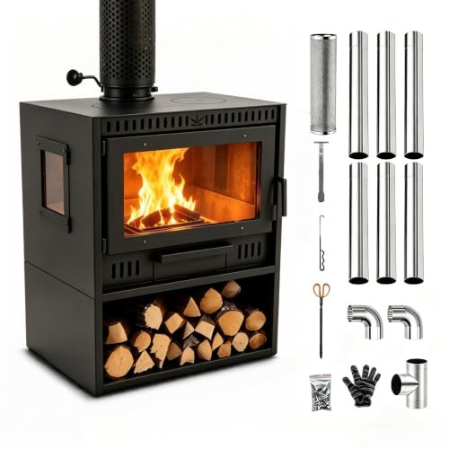Stufa a Legna in Ghisa, Stufa a Legna Freestanding ad Alta Efficienza con Kit Canna Fumaria Completo, Doppia Combustione e Sistema Air Wash, Stufa da Interno Decorativa (55 × 50 × 30 cm)