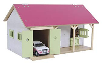 Kids Globe Farming Reiterhof rosa Bauernhof Pferdestall Holz 1:32 mit 2 Boxen, Spielzeug Pferdehof, mit praktischem Faltdach, für alle gängigen Tierfiguren 610544